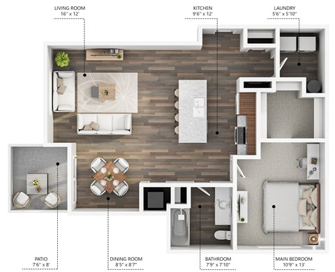 Floor plan for 1 bed, 1 bath, 848 sqft